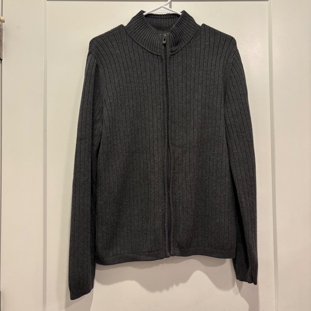 DKNY Jeans Mens Small Charcoal Gray 100% Cotton Ribbed Full Zip Cardigan Sweater